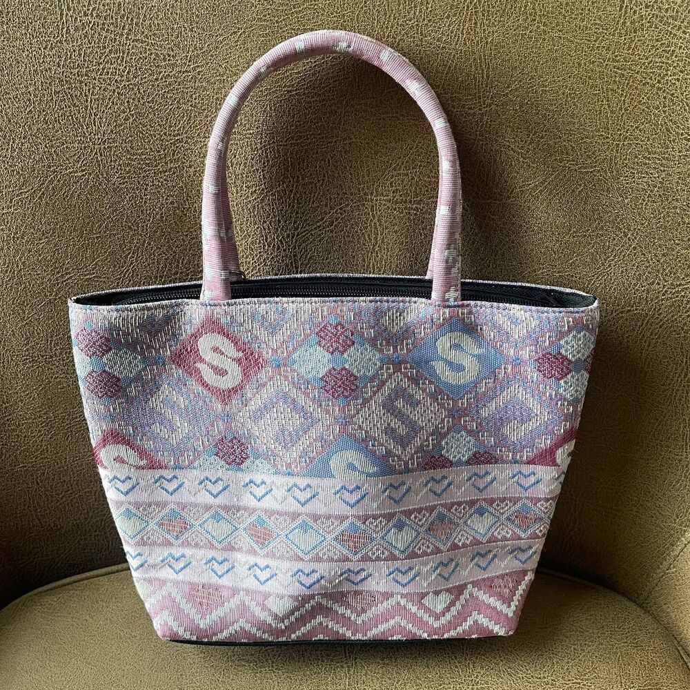 Boho Geometric Tapestry Jacquard Tote Bag Pink Woven Purse with Coin Pouch - Picture 3 of 8